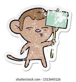 distressed sticker of a cartoon suspicious monkey with signpost