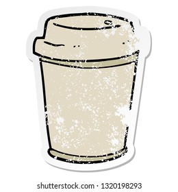 distressed sticker of a cartoon takeout coffee cup