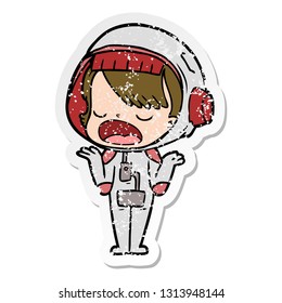 distressed sticker of a cartoon talking astronaut