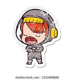 distressed sticker of a cartoon talking astronaut