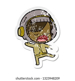 distressed sticker of a cartoon talking astronaut woman