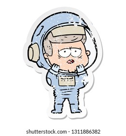 distressed sticker of a cartoon tired astronaut