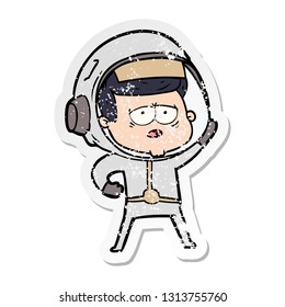 distressed sticker of a cartoon tired astronaut