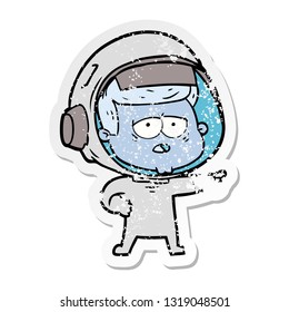 distressed sticker of a cartoon tired astronaut