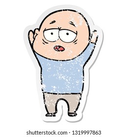 distressed sticker of a cartoon tired bald man