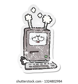 distressed sticker of a cartoon tired computer overheating