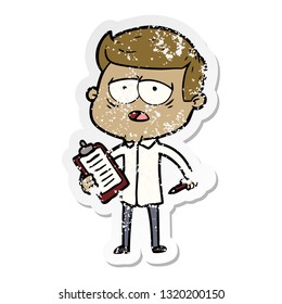 distressed sticker of a cartoon tired man