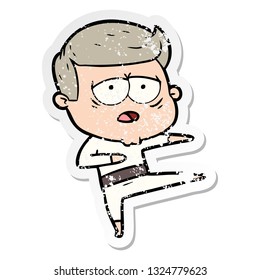 distressed sticker of a cartoon tired man