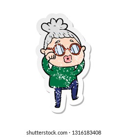 distressed sticker of a cartoon tired woman wearing spectacles