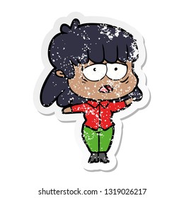 distressed sticker of a cartoon tired woman