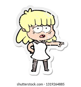 distressed sticker of a cartoon tired woman pointing