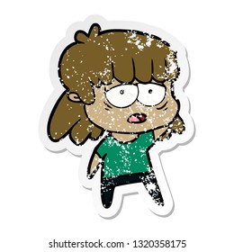 distressed sticker of a cartoon tired woman