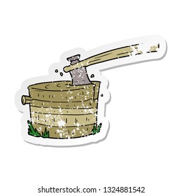 distressed sticker of a cartoon tree stump with axe
