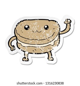 distressed sticker of a cartoon waving cake character