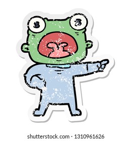 distressed sticker of a cartoon weird alien shouting