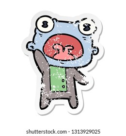 distressed sticker of a cartoon weird alien waving