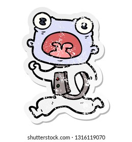 distressed sticker of a cartoon weird alien running away