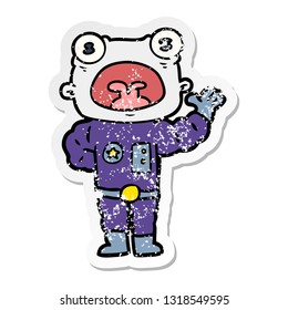 distressed sticker of a cartoon weird alien waving