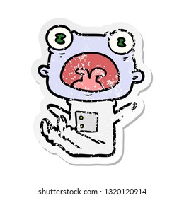 distressed sticker of a cartoon weird alien shouting