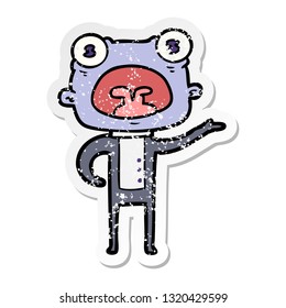 pegatina angustiada de una caricatura extraño alien comunicándose