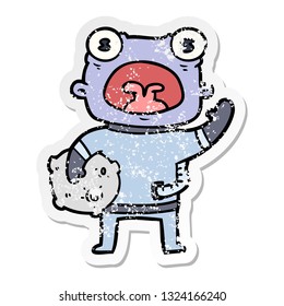 distressed sticker of a cartoon weird alien communicating