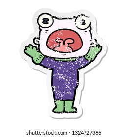 distressed sticker of a cartoon weird alien communicating