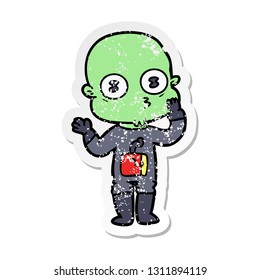 distressed sticker of a cartoon weird bald spaceman