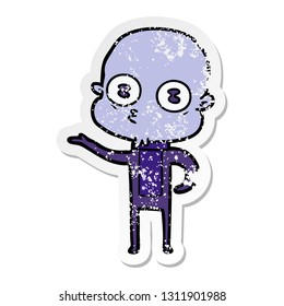 distressed sticker of a cartoon weird bald spaceman