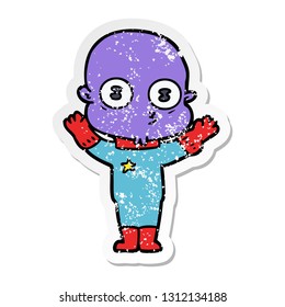 distressed sticker of a cartoon weird bald spaceman