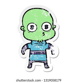 distressed sticker of a cartoon weird bald spaceman
