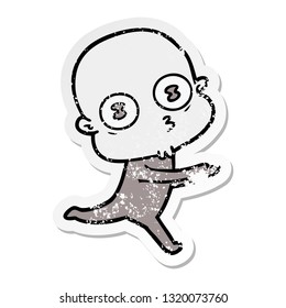 distressed sticker of a cartoon weird bald spaceman running