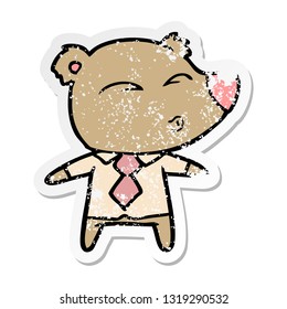 distressed sticker of a cartoon whistling bear boss