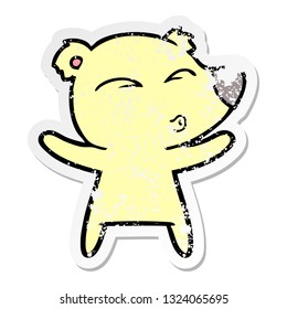 distressed sticker of a cartoon whistling bear with open arms