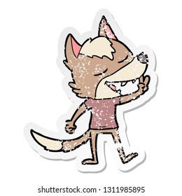 distressed sticker of a cartoon wolf giving peace sign