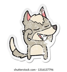 distressed sticker of a cartoon wolf laughing