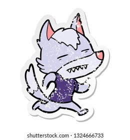 distressed sticker of a cartoon wolf showing teeth