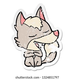 distressed sticker of a cartoon wolf sitting laughing