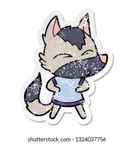 distressed sticker of a cartoon wolf whistling