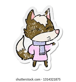 sticker angustiado de un lobo de dibujos animados vestido de ropa de invierno