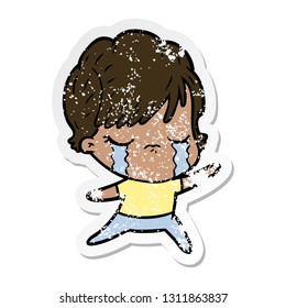distressed sticker of a cartoon woman crying