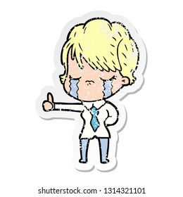 distressed sticker of a cartoon woman crying
