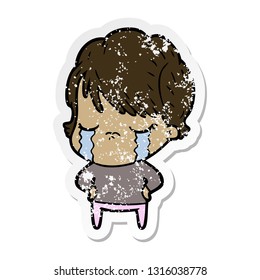 distressed sticker of a cartoon woman crying