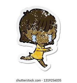 distressed sticker of a cartoon woman crying