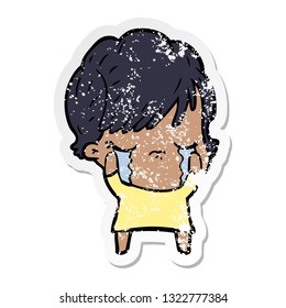 distressed sticker of a cartoon woman crying