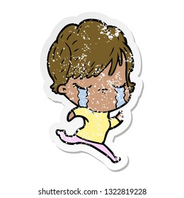 distressed sticker of a cartoon woman crying