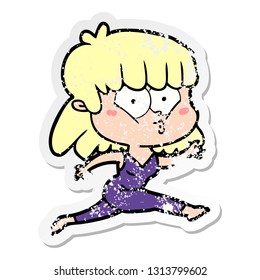 distressed sticker of a cartoon woman running
