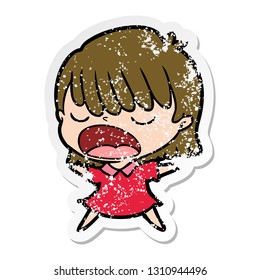 distressed sticker of a cartoon woman talking loudly