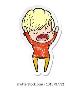 distressed sticker of a cartoon woman talking