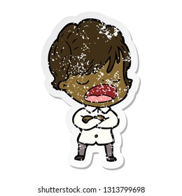 distressed sticker of a cartoon woman talking