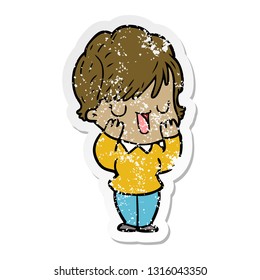 distressed sticker of a cartoon woman talking